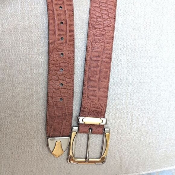 Genuine Leather Croc Embossed Brown Belt Gold & Silver Buckle and Tip Vintage - Picture 5 of 11